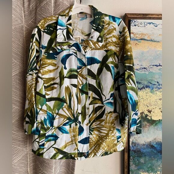 Chico's Linen Matching Set Size 2R  L Tropical Print Jacket And Straight Pants - Picture 4 of 16